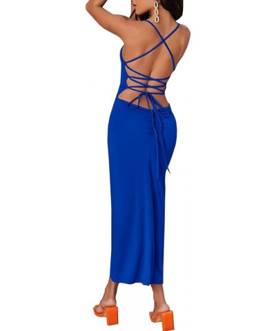 Women's Satin Drape Cowl Neck Sleeveless Strappy Cami Split Slit Party Midi Dress 5650 Blue $19.79 Dresses