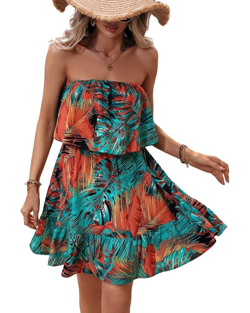 Women's Strapless Ruffle Hem Tropical Print A Line Flowy Boho Mini Tube Dress Green $23.31 Dresses