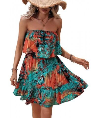 Women's Strapless Ruffle Hem Tropical Print A Line Flowy Boho Mini Tube Dress Green $23.31 Dresses