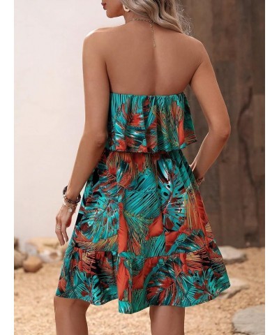 Women's Strapless Ruffle Hem Tropical Print A Line Flowy Boho Mini Tube Dress Green $23.31 Dresses