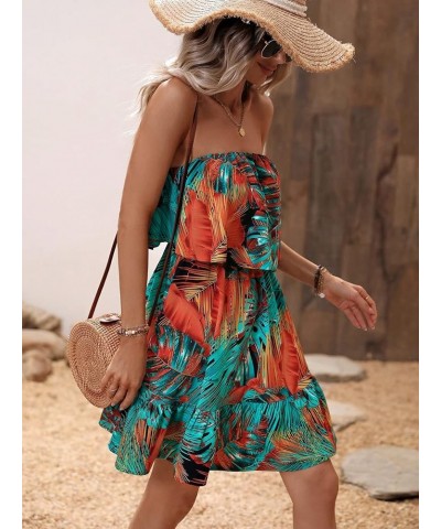 Women's Strapless Ruffle Hem Tropical Print A Line Flowy Boho Mini Tube Dress Green $23.31 Dresses