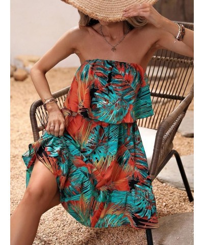 Women's Strapless Ruffle Hem Tropical Print A Line Flowy Boho Mini Tube Dress Green $23.31 Dresses