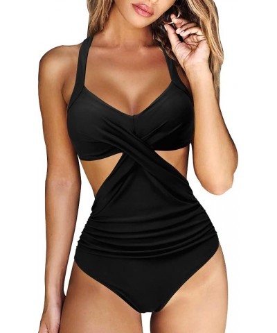 Women Front Cross Cutout One Piece Swimsuit Tummy Control High Waisted Monokini Bathing Suit 13 Black $20.58 Swimsuits