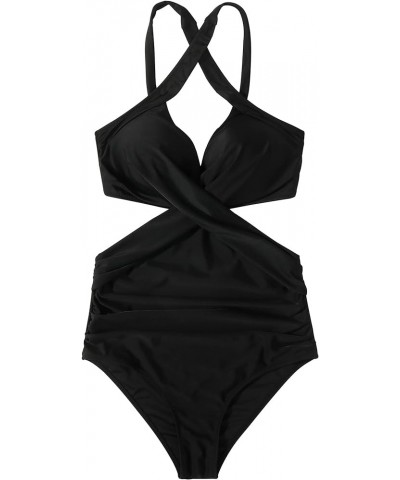 Women Front Cross Cutout One Piece Swimsuit Tummy Control High Waisted Monokini Bathing Suit 13 Black $20.58 Swimsuits