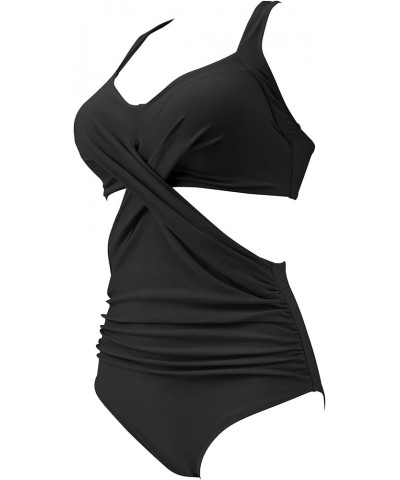 Women Front Cross Cutout One Piece Swimsuit Tummy Control High Waisted Monokini Bathing Suit 13 Black $20.58 Swimsuits