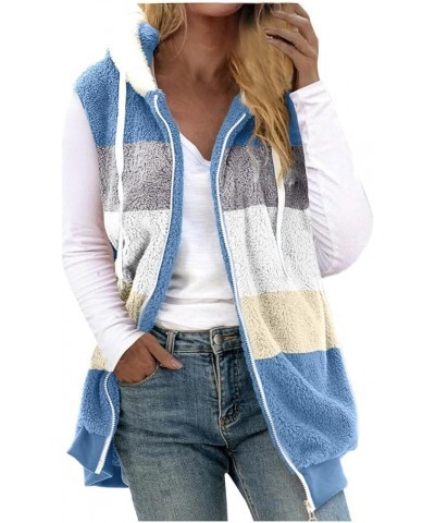 Women's Winter Color Block Fluffy Sherpa Vest with Hood Oversized Sleeveless Warm Fuzzy Fleece Zip Up Outerwear Blue $10.39 J...