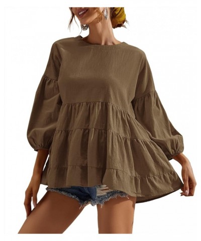 Women's Peplum Tops 3/4 Lantern Sleeve Crewneck Loose Babydoll Shirt Blouse Brown $20.99 Blouses