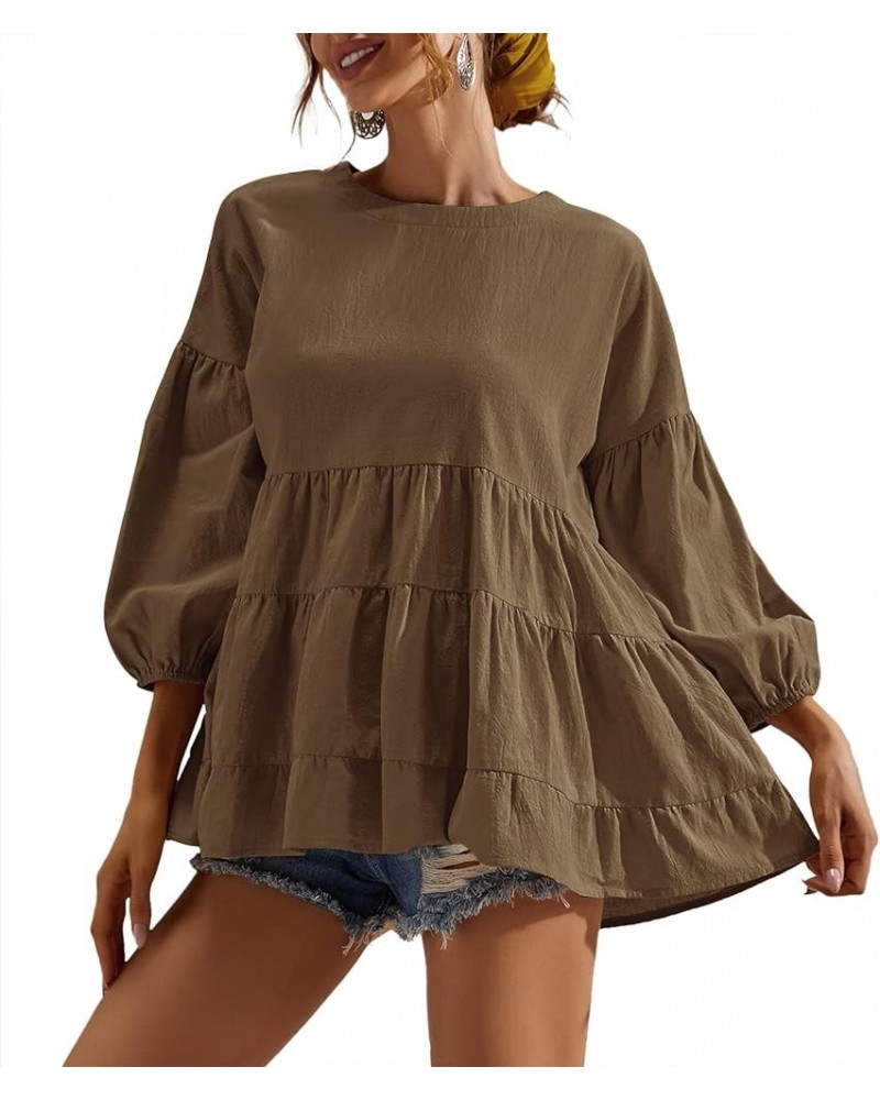 Women's Peplum Tops 3/4 Lantern Sleeve Crewneck Loose Babydoll Shirt Blouse Brown $20.99 Blouses