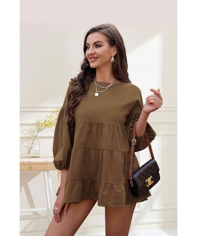 Women's Peplum Tops 3/4 Lantern Sleeve Crewneck Loose Babydoll Shirt Blouse Brown $20.99 Blouses