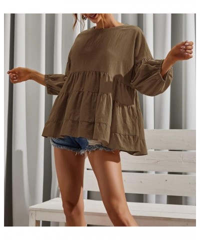 Women's Peplum Tops 3/4 Lantern Sleeve Crewneck Loose Babydoll Shirt Blouse Brown $20.99 Blouses