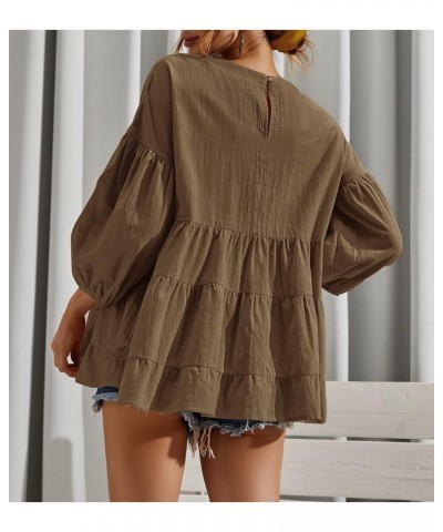 Women's Peplum Tops 3/4 Lantern Sleeve Crewneck Loose Babydoll Shirt Blouse Brown $20.99 Blouses