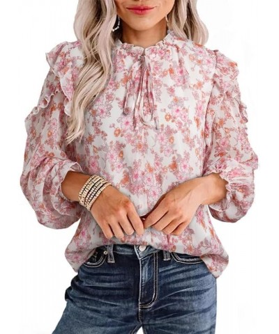 Women's Casual V Neck Floral Print Long Sleeve Chiffon Blouses Bohemian Top Shirts Pink $10.23 Blouses