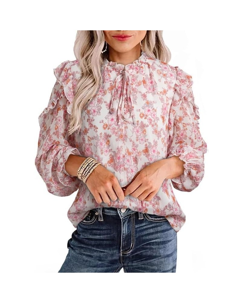 Women's Casual V Neck Floral Print Long Sleeve Chiffon Blouses Bohemian Top Shirts Pink $10.23 Blouses