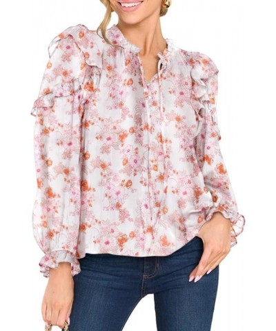 Women's Casual V Neck Floral Print Long Sleeve Chiffon Blouses Bohemian Top Shirts Pink $10.23 Blouses