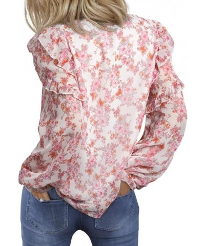 Women's Casual V Neck Floral Print Long Sleeve Chiffon Blouses Bohemian Top Shirts Pink $10.23 Blouses