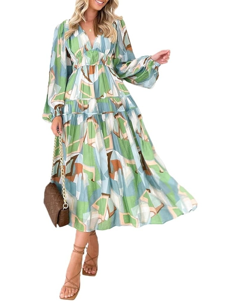 Women Summer 2023 Bohemian Floral Maxi Dress Puff Sleeve V Neck Smocked Long Dress Ruffle Tiered Beach Flowy Dress A Long Sle...