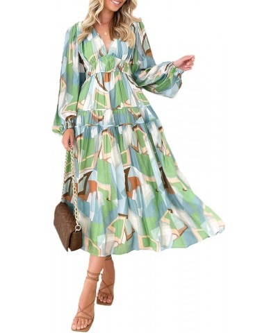 Women Summer 2023 Bohemian Floral Maxi Dress Puff Sleeve V Neck Smocked Long Dress Ruffle Tiered Beach Flowy Dress A Long Sle...