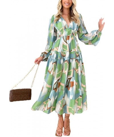 Women Summer 2023 Bohemian Floral Maxi Dress Puff Sleeve V Neck Smocked Long Dress Ruffle Tiered Beach Flowy Dress A Long Sle...