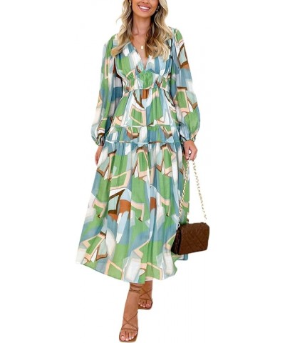 Women Summer 2023 Bohemian Floral Maxi Dress Puff Sleeve V Neck Smocked Long Dress Ruffle Tiered Beach Flowy Dress A Long Sle...