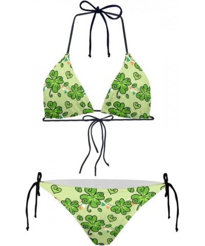 Womens Triangle Bikini Sets High Cut Tie Side 2 Piece Green Clover $12.59 Swimsuits