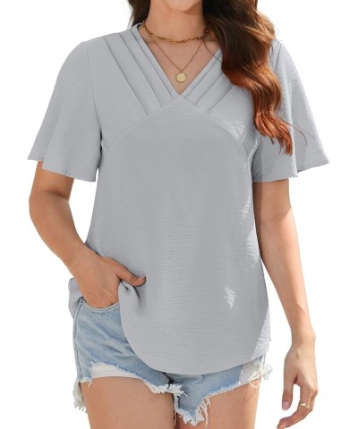 Womens Summer Tops Casual Short Sleeve Shirts V Neck Blouses Fashion Pleated Tunic Grey $9.02 Blouses