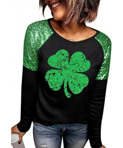 St. Patrick's Day Women's Green Shamrock Clover Leaf Print Glitter Irish T-Shirt Raglan Graphic Tees Black Kelly Green 3-g $1...