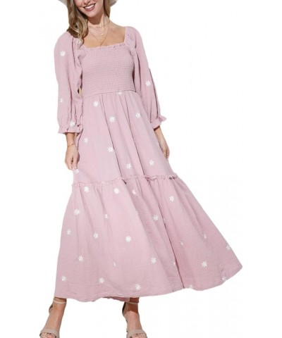 Women's Boho Floral Embroidered Maxi Dress Square Neck Smocked Long Puff Sleeve A Line Tiered Long Dress Flowy Pink $15.54 Dr...