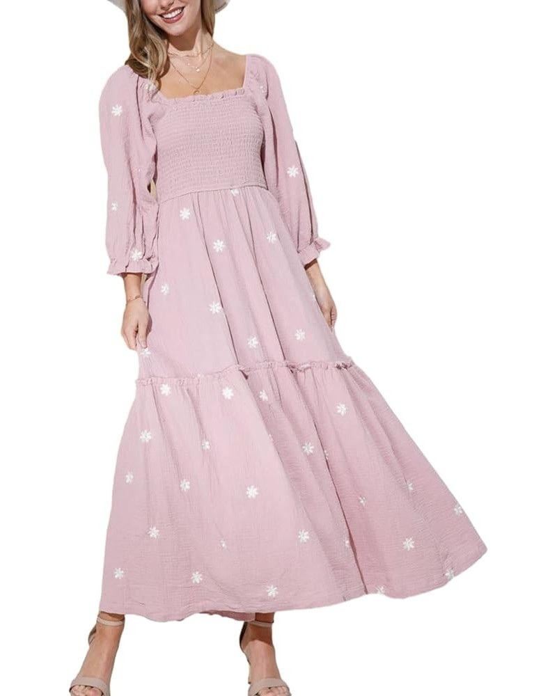 Women's Boho Floral Embroidered Maxi Dress Square Neck Smocked Long Puff Sleeve A Line Tiered Long Dress Flowy Pink $15.54 Dr...