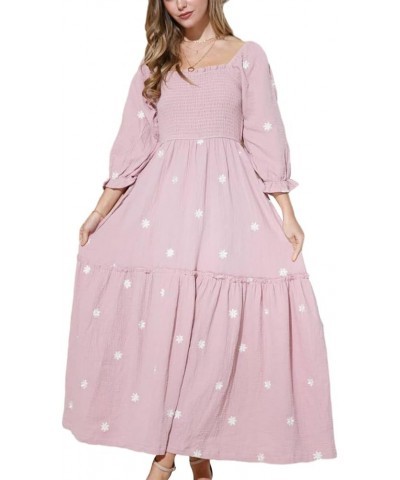 Women's Boho Floral Embroidered Maxi Dress Square Neck Smocked Long Puff Sleeve A Line Tiered Long Dress Flowy Pink $15.54 Dr...