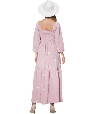 Women's Boho Floral Embroidered Maxi Dress Square Neck Smocked Long Puff Sleeve A Line Tiered Long Dress Flowy Pink $15.54 Dr...