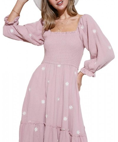 Women's Boho Floral Embroidered Maxi Dress Square Neck Smocked Long Puff Sleeve A Line Tiered Long Dress Flowy Pink $15.54 Dr...