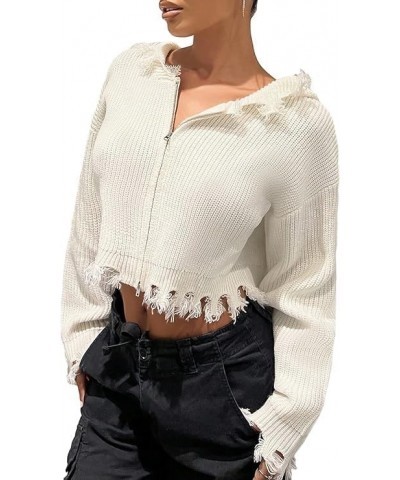 Women's Raw Hem Zip Up Drop Shoulder Hooded Crop Cardigan Sweater White $16.92 Sweaters