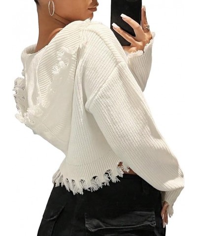 Women's Raw Hem Zip Up Drop Shoulder Hooded Crop Cardigan Sweater White $16.92 Sweaters