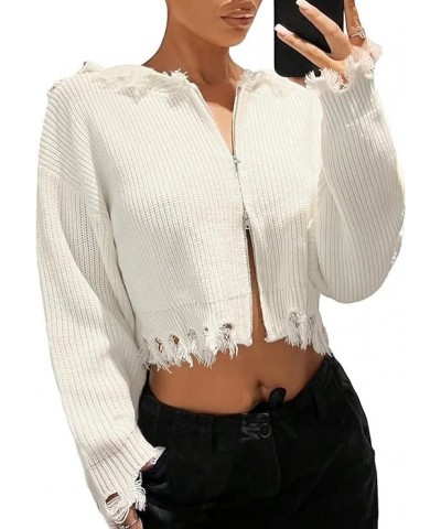 Women's Raw Hem Zip Up Drop Shoulder Hooded Crop Cardigan Sweater White $16.92 Sweaters