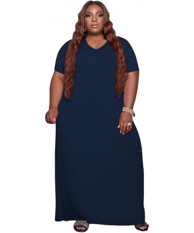 Oversize Tshirt Dress Plus Size Short Sleeve Maxi Dress with Pockets 11-3284 Dark Blue $17.39 Dresses