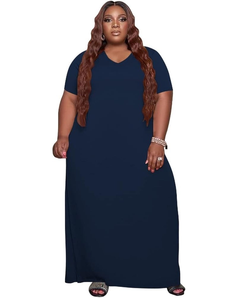 Oversize Tshirt Dress Plus Size Short Sleeve Maxi Dress with Pockets 11-3284 Dark Blue $17.39 Dresses