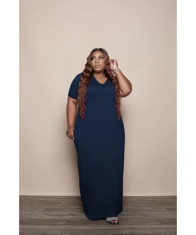 Oversize Tshirt Dress Plus Size Short Sleeve Maxi Dress with Pockets 11-3284 Dark Blue $17.39 Dresses