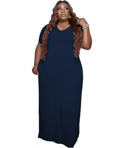 Oversize Tshirt Dress Plus Size Short Sleeve Maxi Dress with Pockets 11-3284 Dark Blue $17.39 Dresses