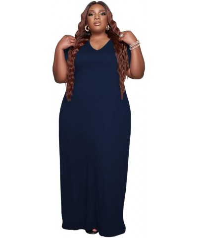 Oversize Tshirt Dress Plus Size Short Sleeve Maxi Dress with Pockets 11-3284 Dark Blue $17.39 Dresses