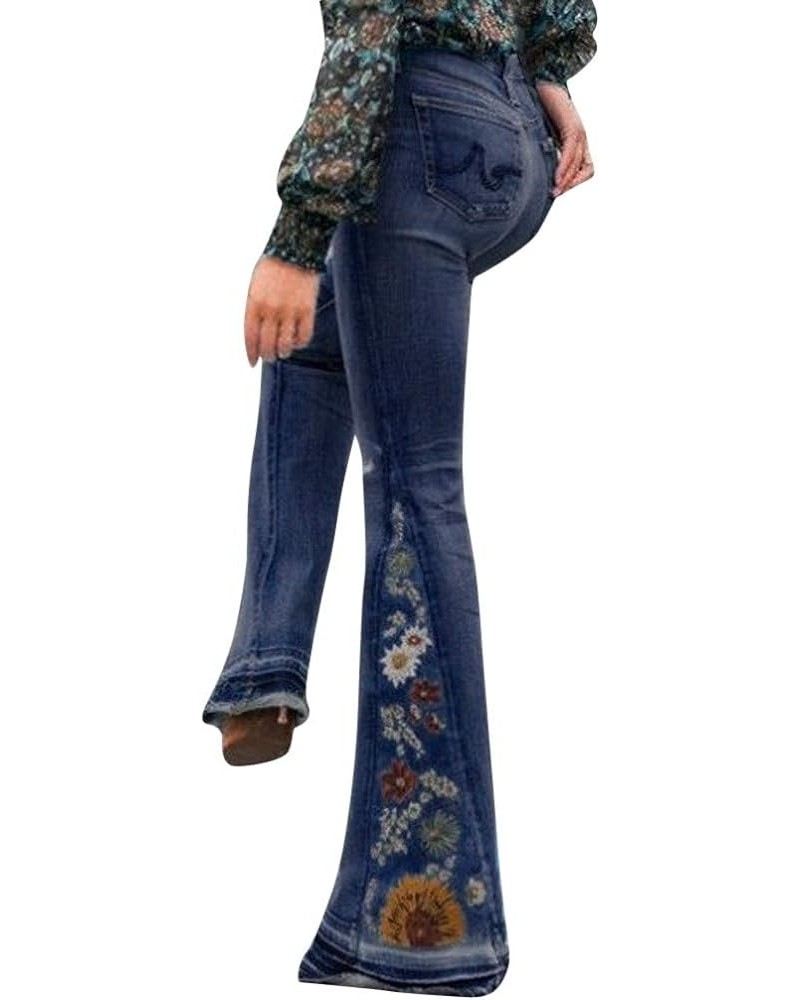 Women's Flare Jeans Vintage Bell Bottoms Floral Embroidered Jeans Plus Size Hippie Pants Butt Lifting Flared Pants 01-dark Bl...