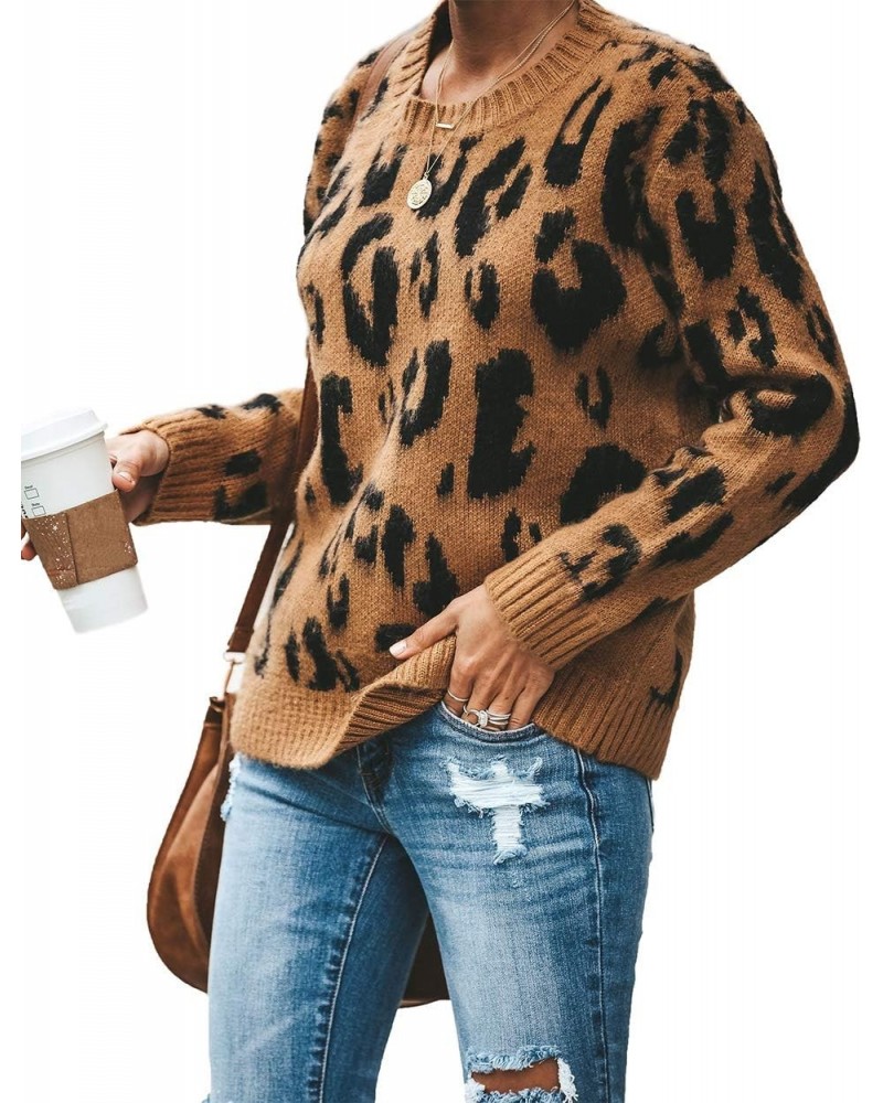 Women's Casual Leopard Crew Neck Loose Fit Sweater Batwing Sleeve Slouchy Pullover Knitted Fuzzy Jumper Tops (Brown,Small) $1...