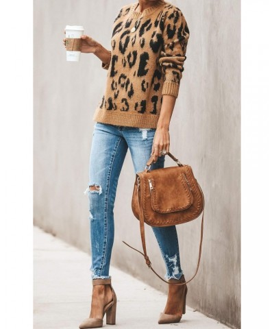 Women's Casual Leopard Crew Neck Loose Fit Sweater Batwing Sleeve Slouchy Pullover Knitted Fuzzy Jumper Tops (Brown,Small) $1...