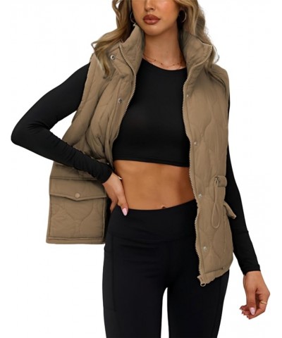 Womens Puffer Sleeveless Jacket Stand Collar Quilted Vest Sleeveless Padded Gilet Coat with Pockets Khaki $15.19 Vests