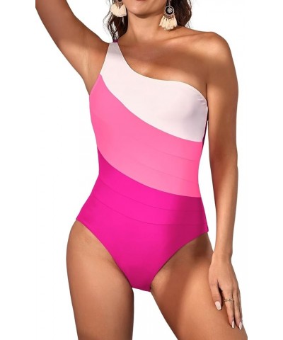 Women's One Piece Tummy Control Swimsuit One Shoulder Bathing Suit Slimming Color Block Swimwear Hot Pink $19.27 Swimsuits