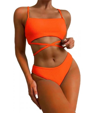 Cute Ruched High Waisted Tummy Control Bikini Ribbed Sporty Brazilian Women Cheeky Cut Leg Bottom Crop Top 2 Piece String Ora...