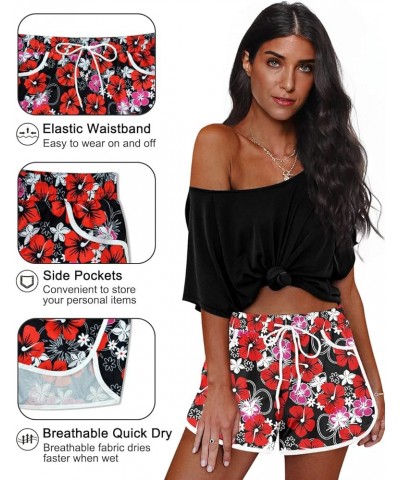 Women Summer Floral Beach Boardshorts with Pockets Swim Trunks Red Floral $14.00 Swimsuits