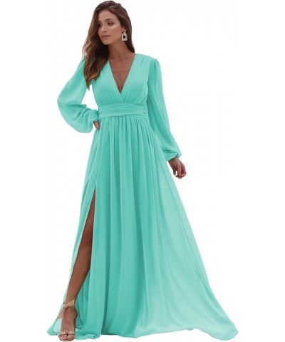 Long Sleeve Chiffon Bridesmaid Dresses for Wedding Pleated V-Neck A Line Formal Dresses Turquoise $37.50 Dresses