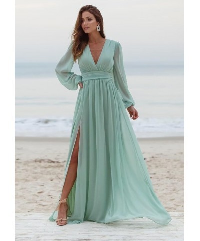 Long Sleeve Chiffon Bridesmaid Dresses for Wedding Pleated V-Neck A Line Formal Dresses Turquoise $37.50 Dresses