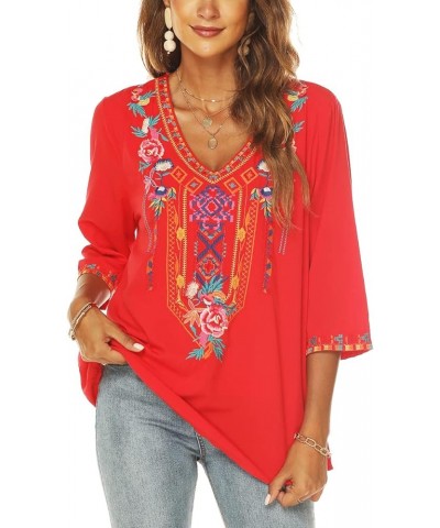 Women's Summer Boho Embroidery Mexican Bohemian Tops V Neck 3/4 Sleeve Causal Loose Shirt Blouse Tunic Red $22.14 Tops