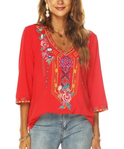 Women's Summer Boho Embroidery Mexican Bohemian Tops V Neck 3/4 Sleeve Causal Loose Shirt Blouse Tunic Red $22.14 Tops